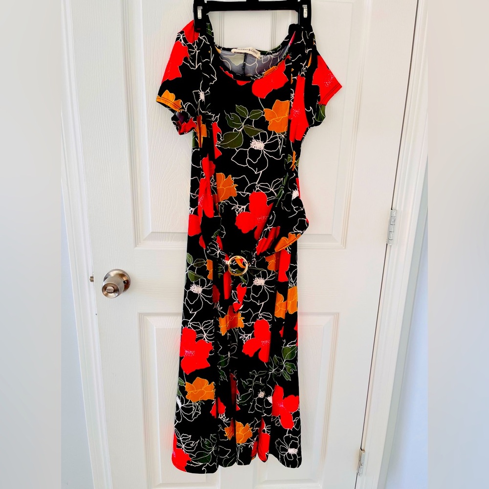Women’s midi dress, Small, black with red and yellow prints, with showy buckle